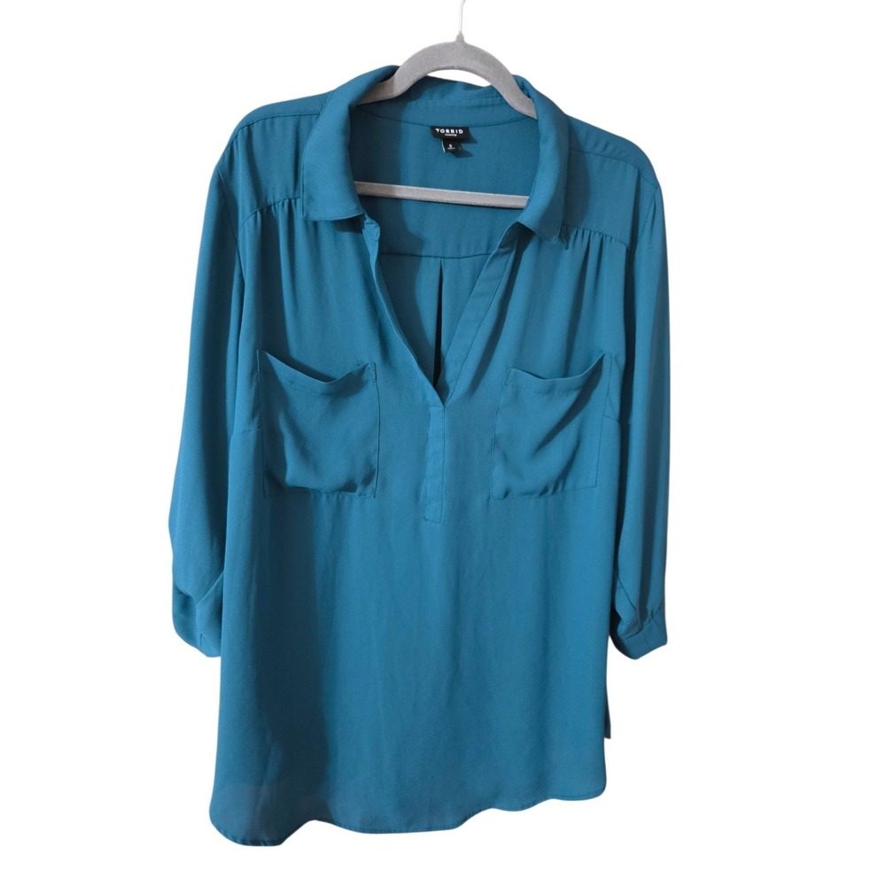 Torridâ Harper Teal Pullover 3/4-Roll-Tab-Sleeve Blouse Top 3 (3X) Careerwear